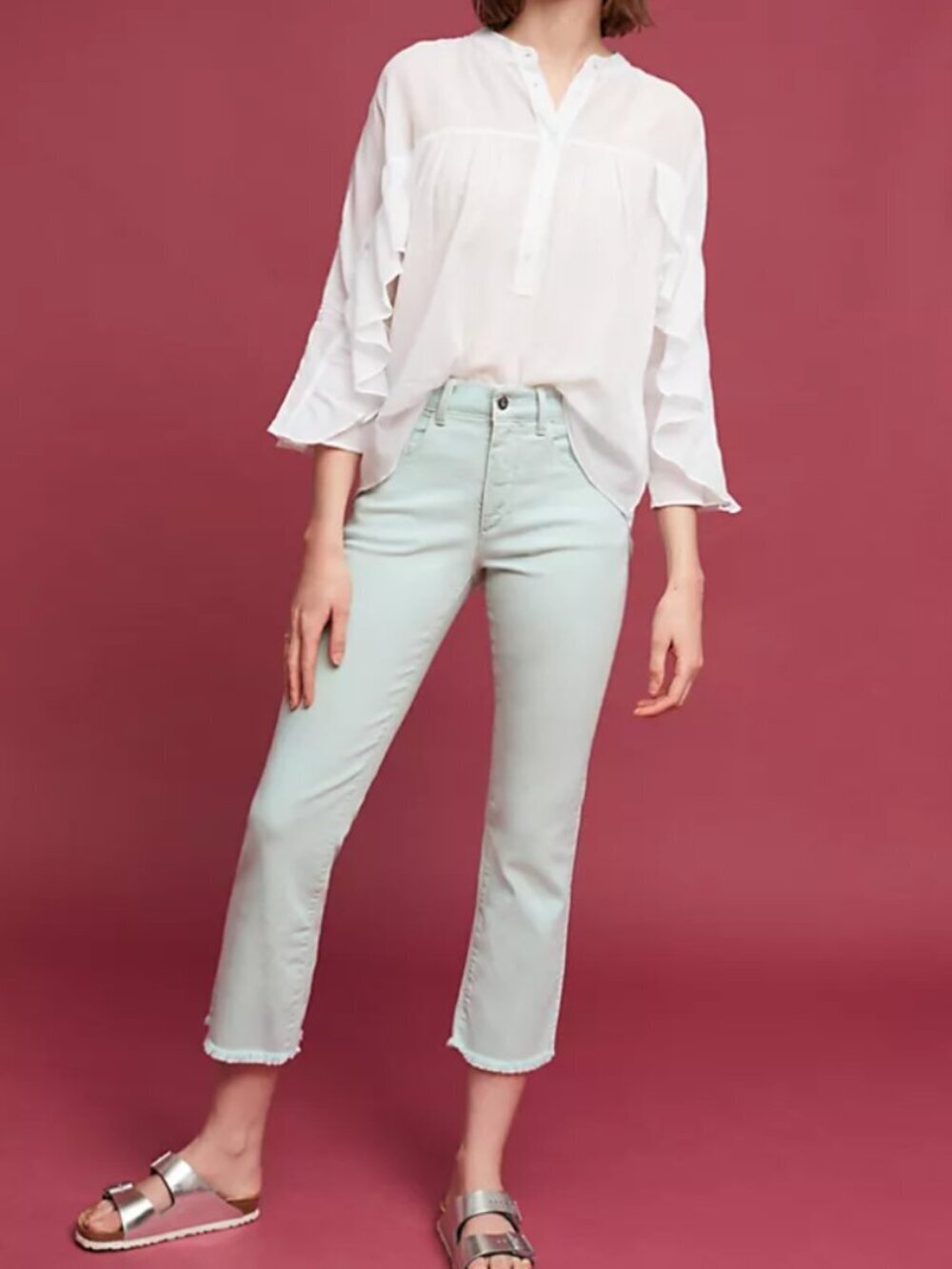 Pilcro Script High-Rise Cropped Flare Jean Size 31 Pastel/Mint Green Cottagecore